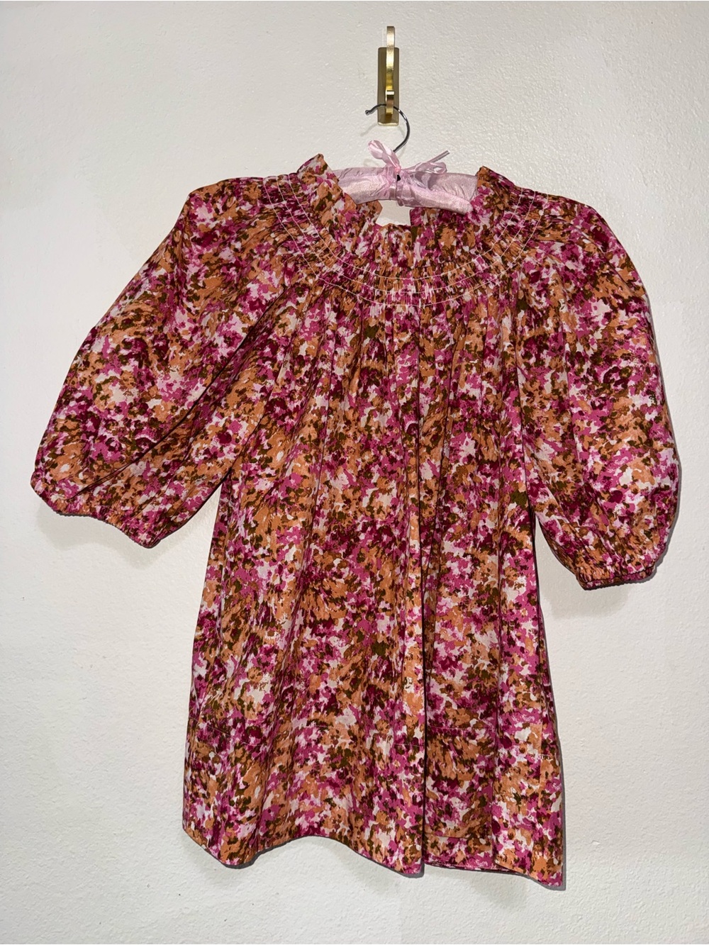 J. Crew Pink and Brown Floral Smocked Blouse